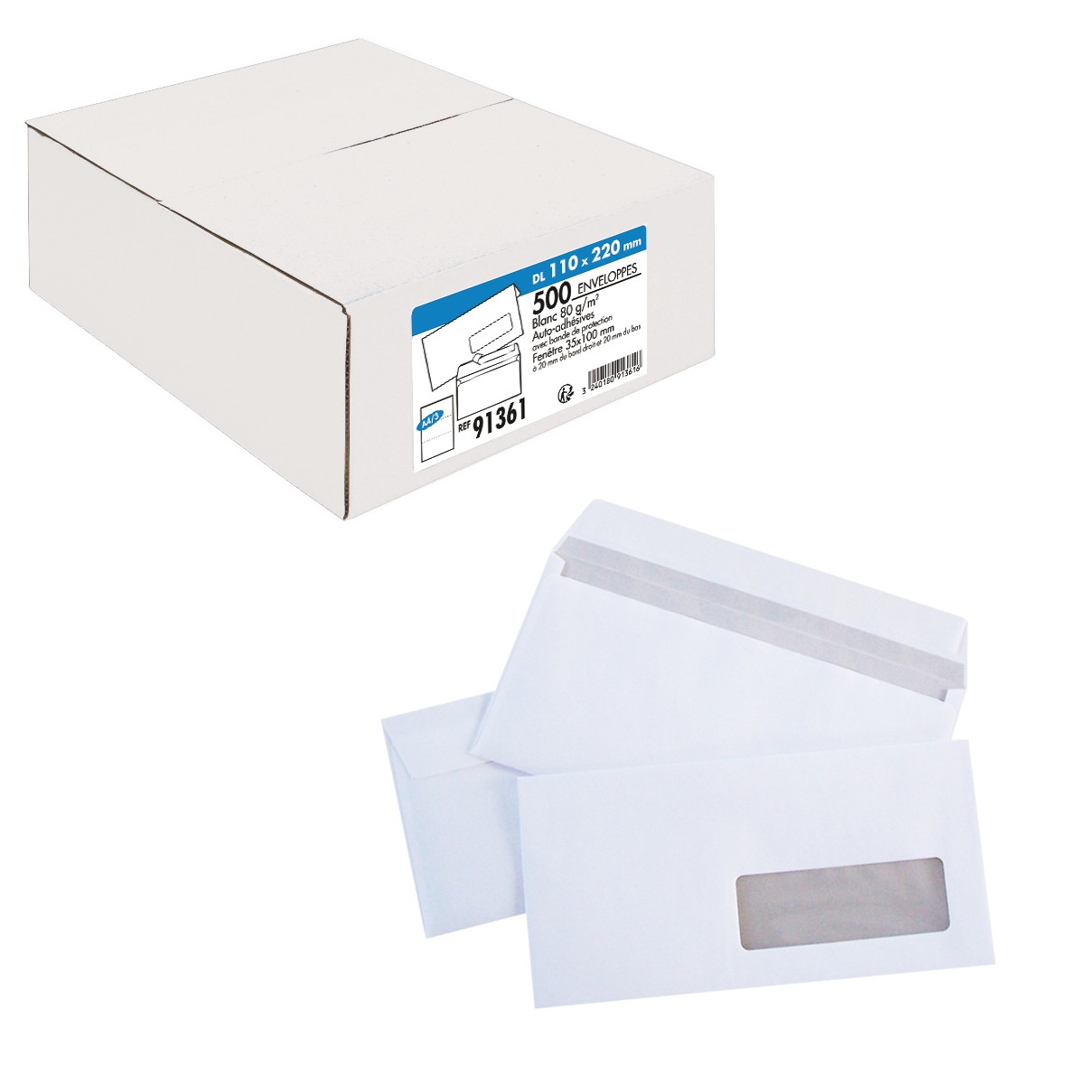 La Couronne - 500 Enveloppes DL 110 x 220 mm - 80 gr - fenêtre 35x100 mm - blanc - bande auto-adhésive