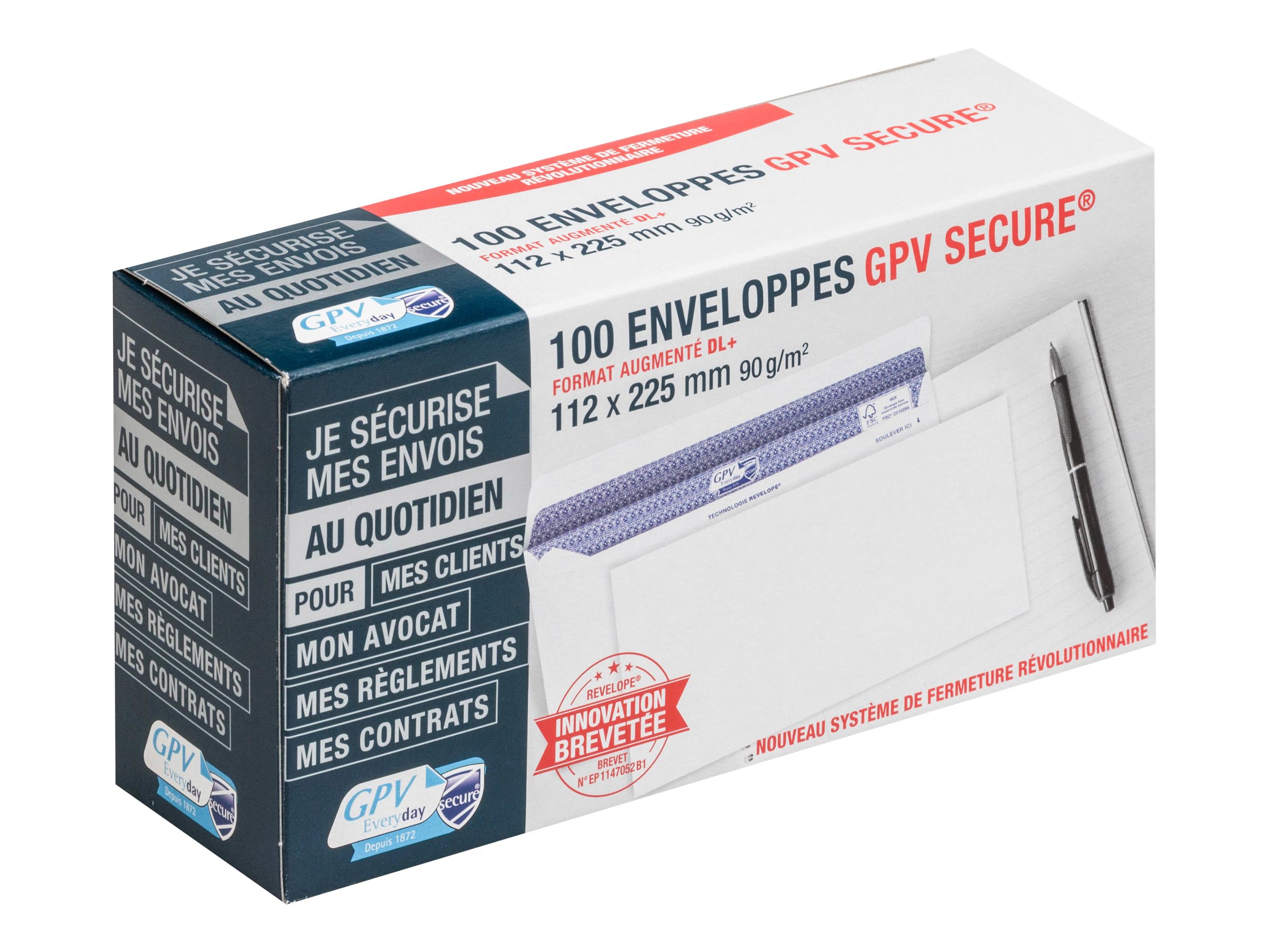 GPV Secure - 100 Enveloppes DL+ 112 x 225 mm - 90 gr - sans fenêtre - blanc - autocollante