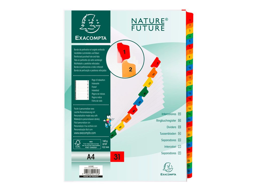 Exacompta Nature Future - Intercalaire 31 positions numériques 1 à 31 - A4 - carte blanche
