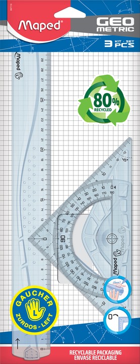 Maped - Kit Géométrie 3 Pièces Pour Gauchers - Règle, Équerre, Rapporteur Transparent