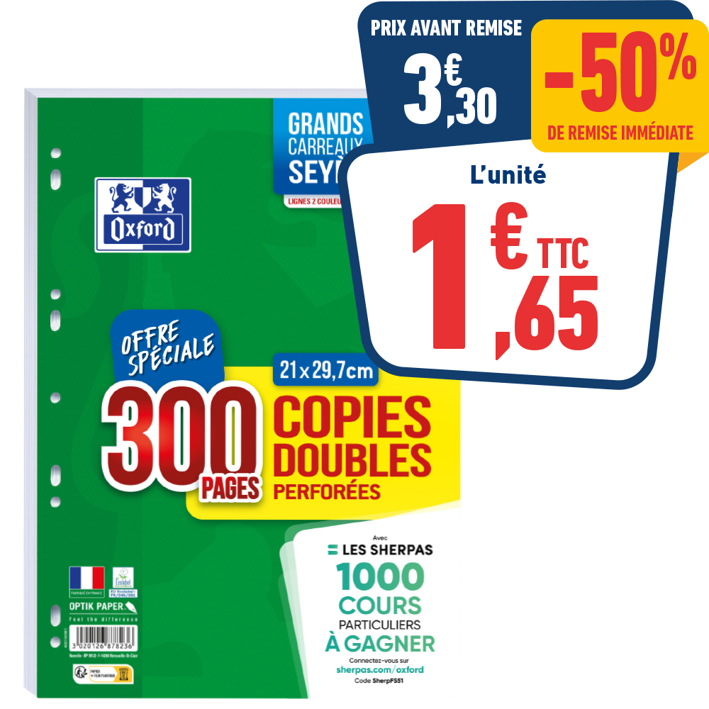 COPIES DOUBLES 300 PAGES A4 - GRANDS CARREAUX