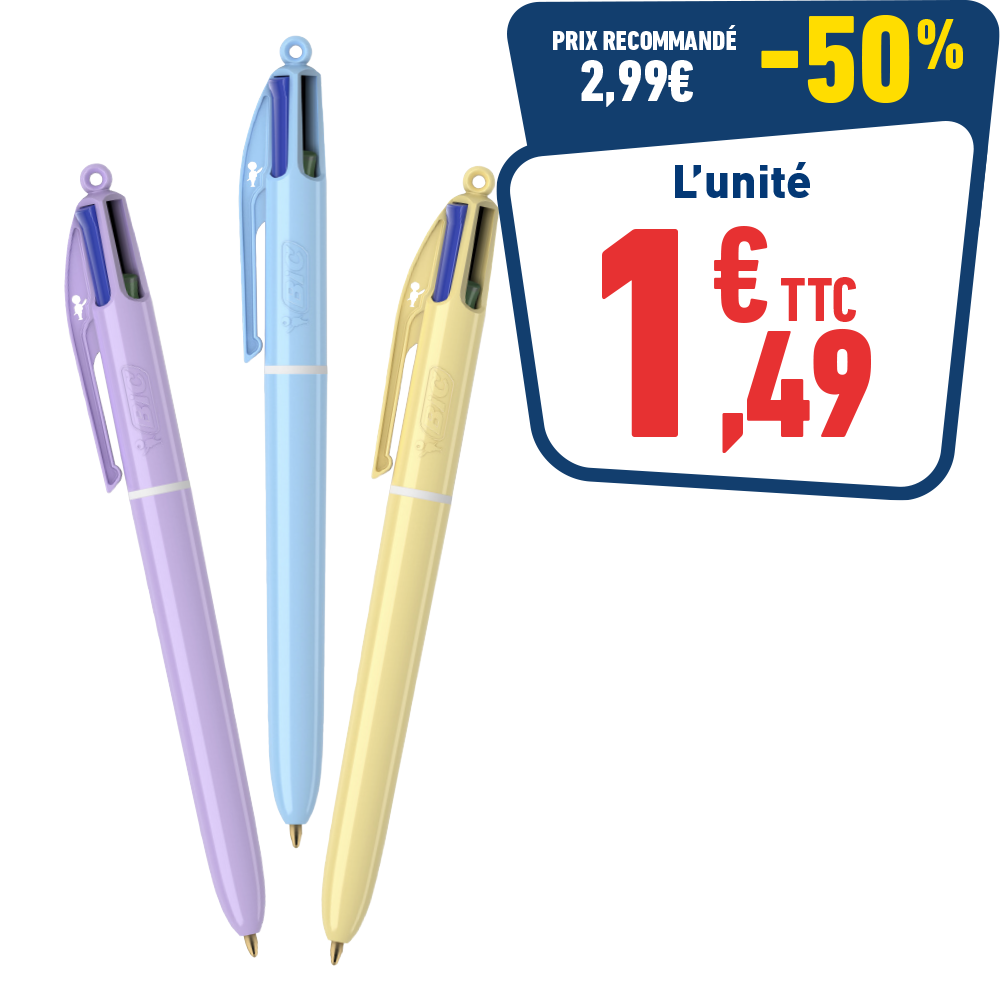STYLO BILLE 4 COULEURS PASTEL - POINTE MOYENNE
