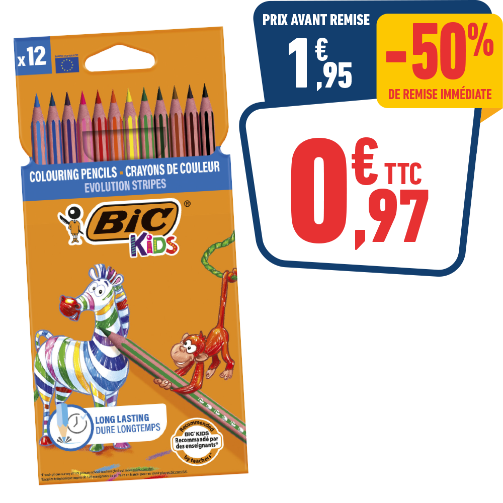 12 CRAYONS DE COULEURS STRIPES