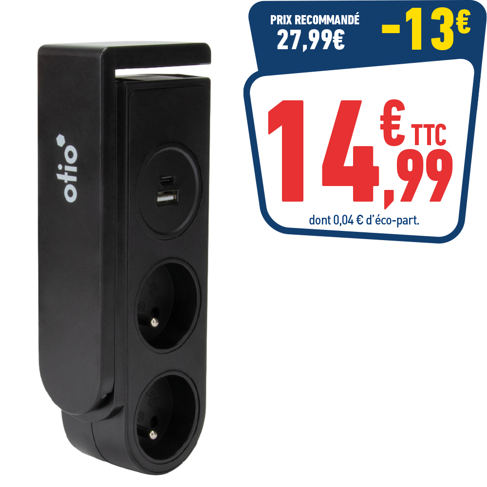 OTIO GEKKO MULTIPRISE CLIPSABLE 1,50M 2 PRISES + 2 PORTS USB NOIR