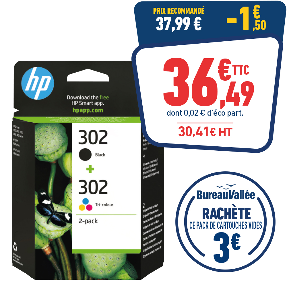 PACK DE 2 CARTOUCHES D'ENCRE HP 302