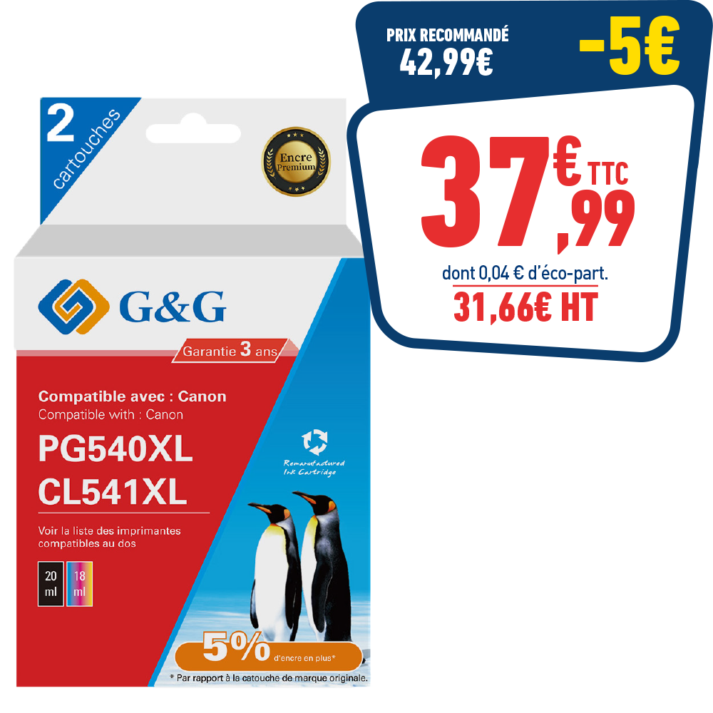 PACK DE 2 CARTOUCHES D'ENCRE REMANUFACTUREES CANON PG-540XL/CL-541XL