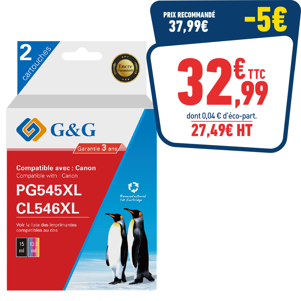 PACK DE 2 CARTOUCHES D'ENCRE REMANUFACTUREES CANON PG-545XL/CL-546XL