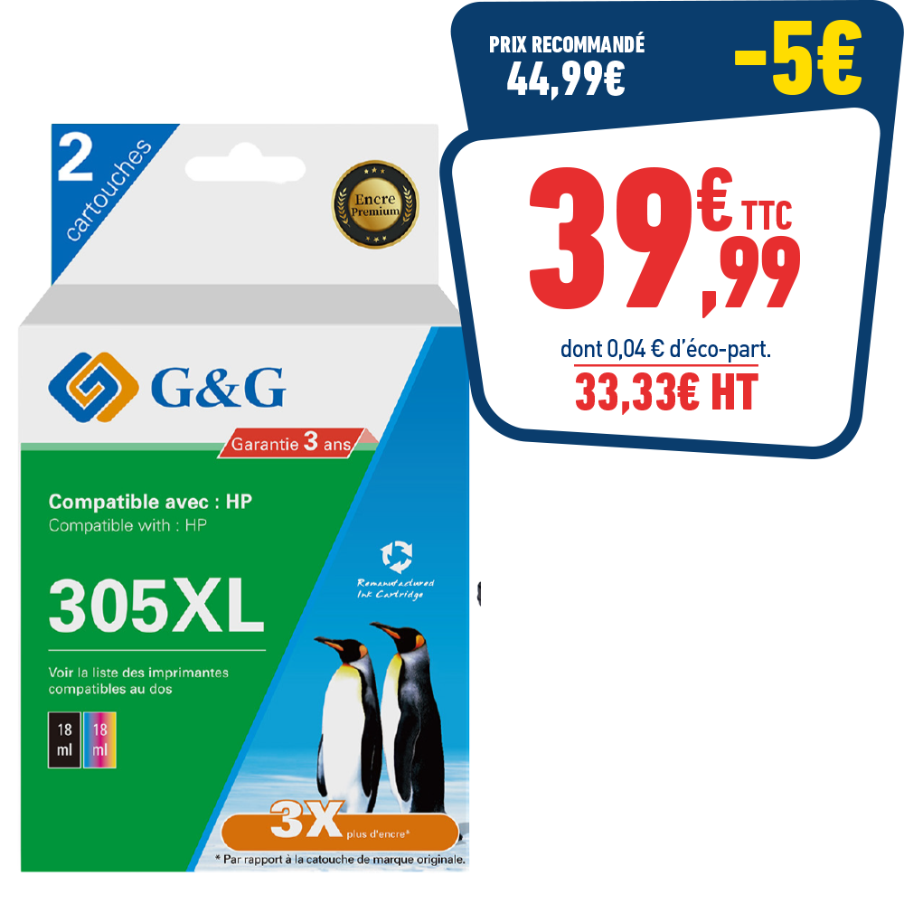 PACK DE 2 CARTOUCHES D'ENCRE REMANUFACTUREES HP 305XL