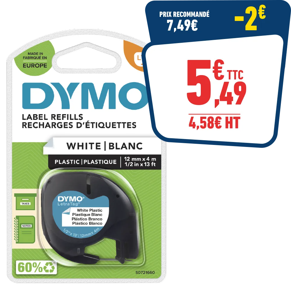 RUBAN D’ÉTIQUETTES DYMO LETRATAG PLASTIQUE NOIR/BLANC