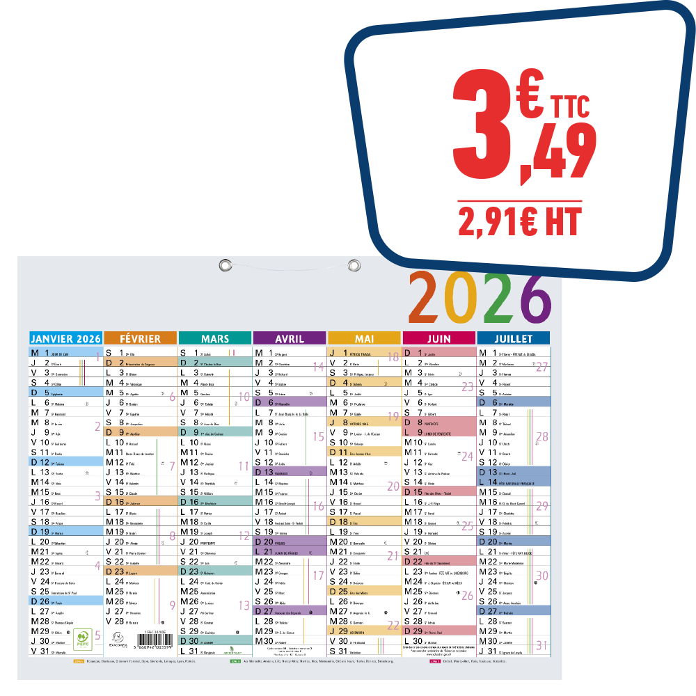 Calendrier 12 mois 43 x 33,5 cm