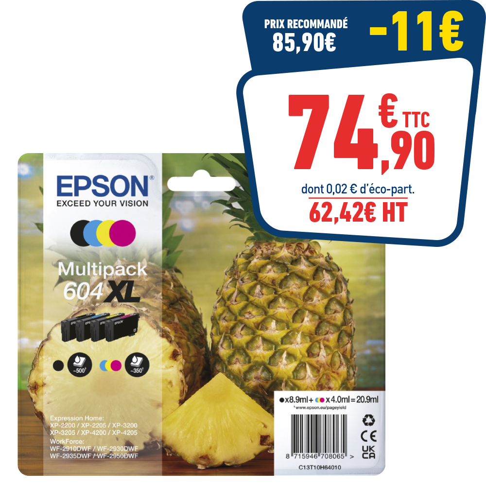 PACK DE 4 CARTOUCHES D'ENCRE EPSON ANANAS 604XL
