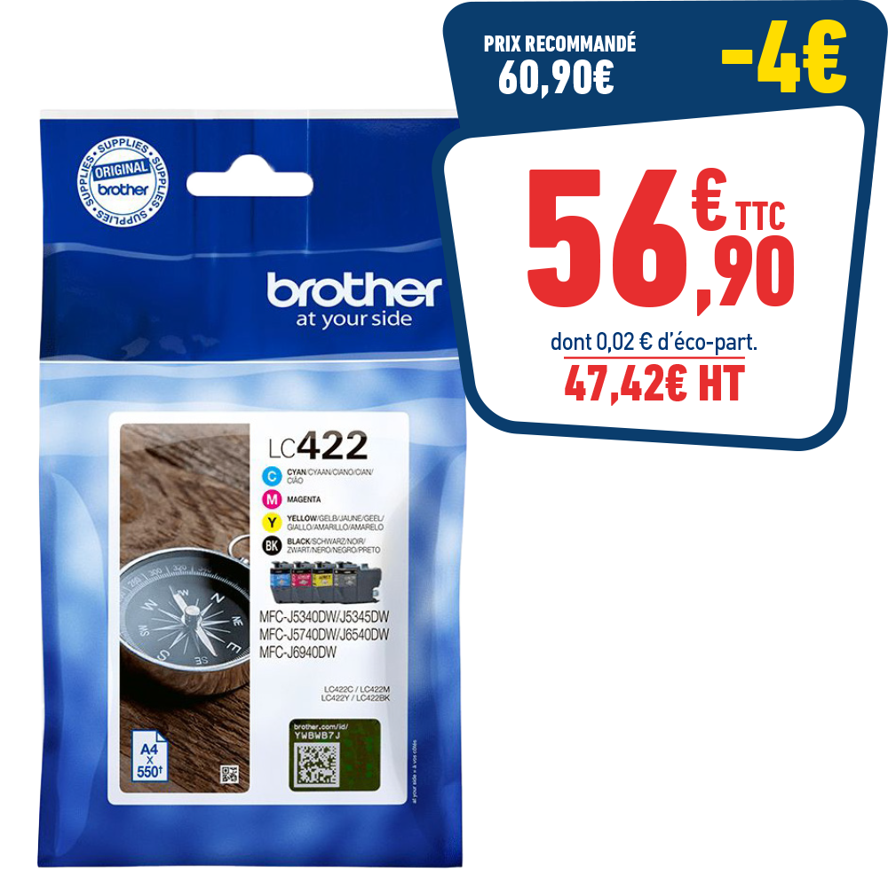 PACK DE 4 CARTOUCHES D'ENCRE BROTHER LC422