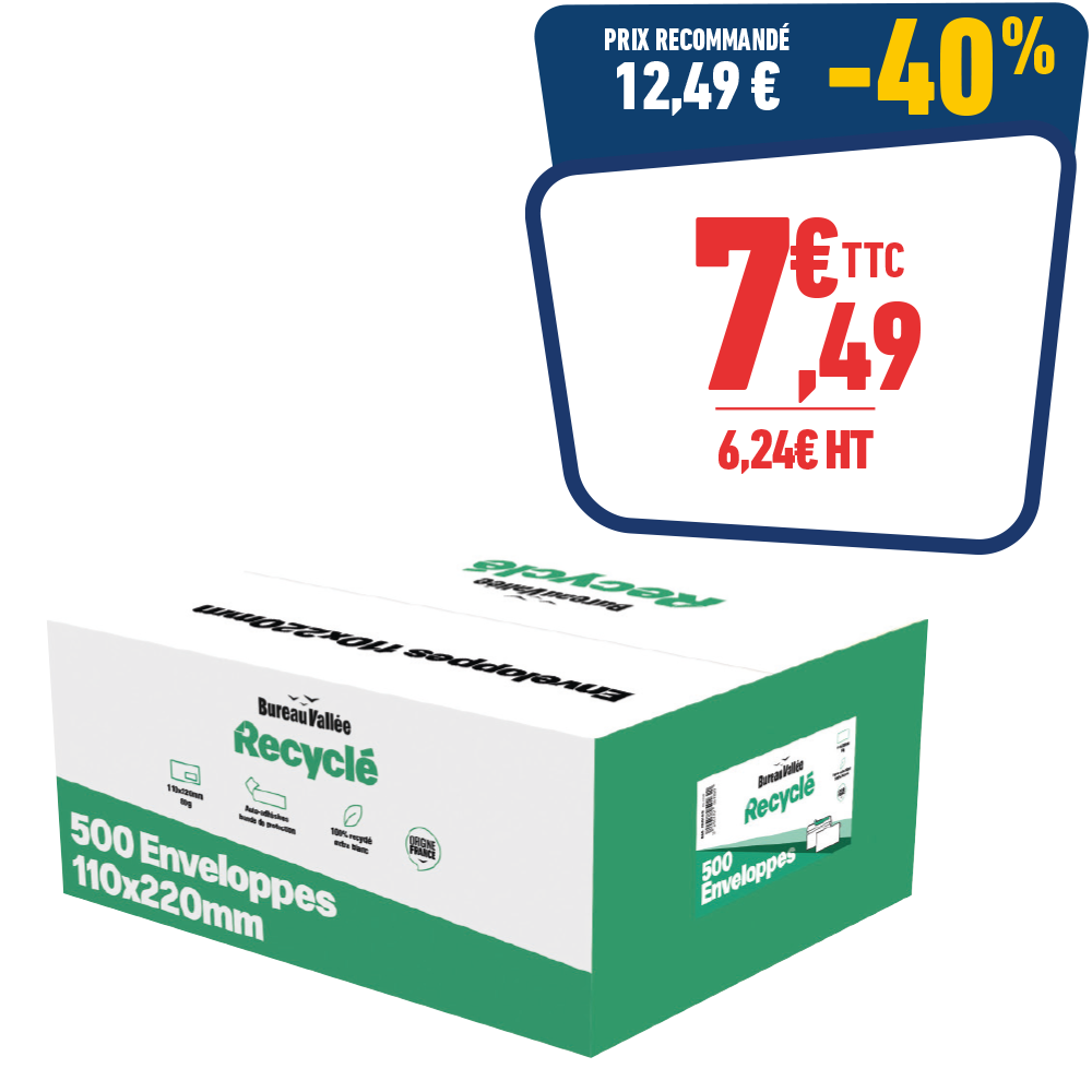 500 ENVELOPPES 110X200 80GR AA BLANC BUREAU VALLEE RECYCLE 